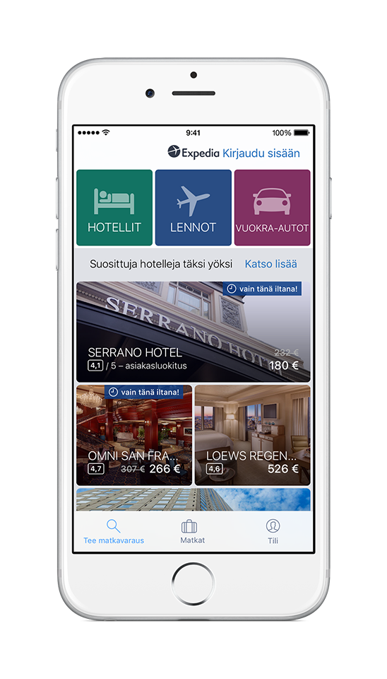 iPhone, jonka ruudulla näkyy Expedian sovellus