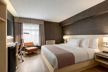 Experience the sleek, modern design of this hotel, featuring a flat roof and symmetrical facade, with a welcoming entrance and beautifully landscaped surroundings.