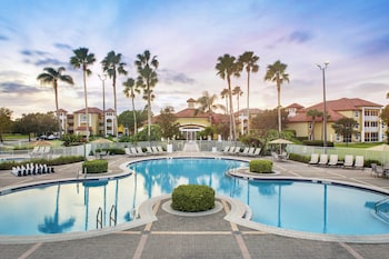 Outdoor pool, pool umbrellas, pool loungers