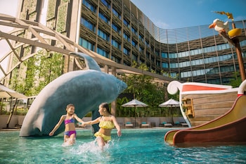 Seasonal outdoor pool, open 9:00 AM to 7:00 PM, lifeguards on site