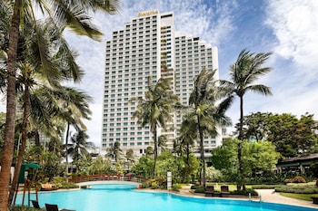 Outdoor pool, pool umbrellas, pool loungers