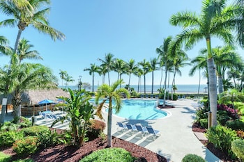 Outdoor pool, pool umbrellas, sun loungers