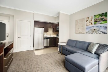 Premium bedding, desk, blackout drapes, iron/ironing board