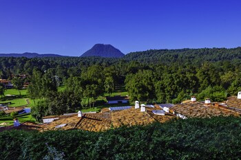 Alberca al aire libre, sombrillas en la alberca y camastros