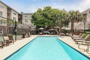 Outdoor pool, pool umbrellas, pool loungers