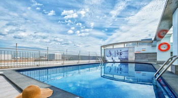 Indoor pool, outdoor pool, pool loungers