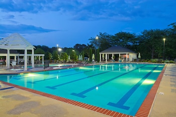 Indoor pool, outdoor pool, pool umbrellas, sun loungers