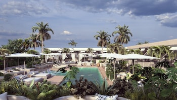 Outdoor pool, pool umbrellas, sun loungers