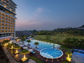Indoor pool, outdoor pool, pool umbrellas