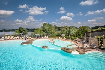 Seasonal outdoor pool, pool umbrellas, pool loungers