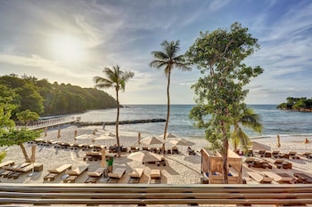On the beach, white sand, snorkeling