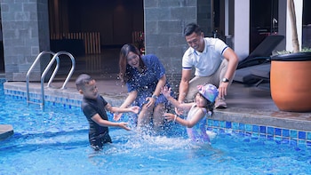 Indoor pool, outdoor pool, sun loungers