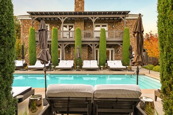 Outdoor pool, pool umbrellas, pool loungers