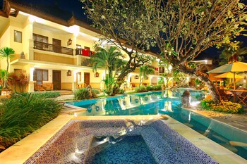 Outdoor pool, pool umbrellas, pool loungers