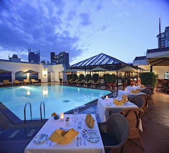 Outdoor pool, pool umbrellas
