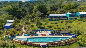 A swimming pool with a curved edge, surrounded by lush greenery and a view of a distant cityscape.