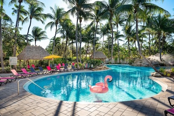 Una piscina rodeada de palmeras y una formación rocosa natural.