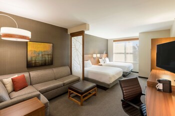 Desk, laptop workspace, blackout curtains, iron/ironing board