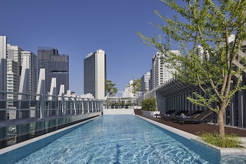 Outdoor pool, sun loungers