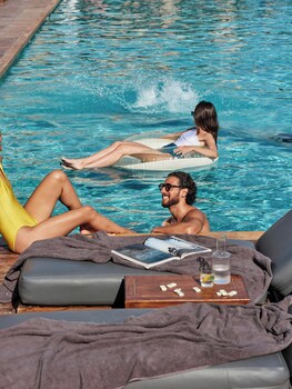 Outdoor pool, pool umbrellas, pool loungers