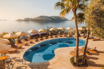 Outdoor pool, pool umbrellas, pool loungers
