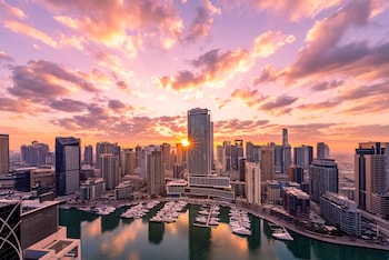 A rooftop pool with lounge chairs and umbrellas, overlooking a city skyline with high-rise buildings.