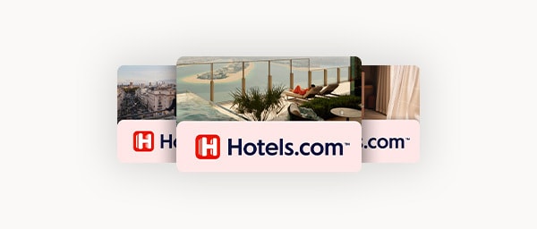 Three Hotels.com gift cards showing popular beach and city vacation destinations.