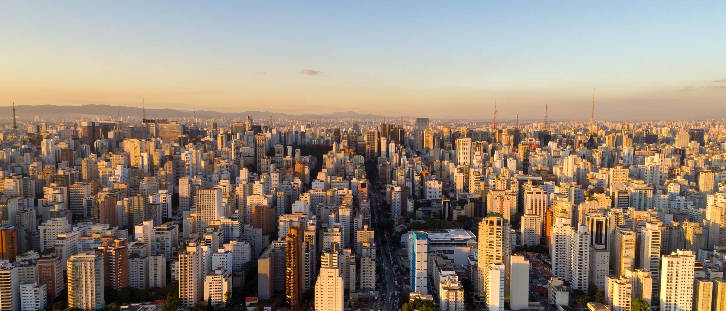 Panoramic view of a modern city skyline with numerous high-rise buildings along the waterfront, framed by lush green trees in the foreground, with the ocean visible in the background.