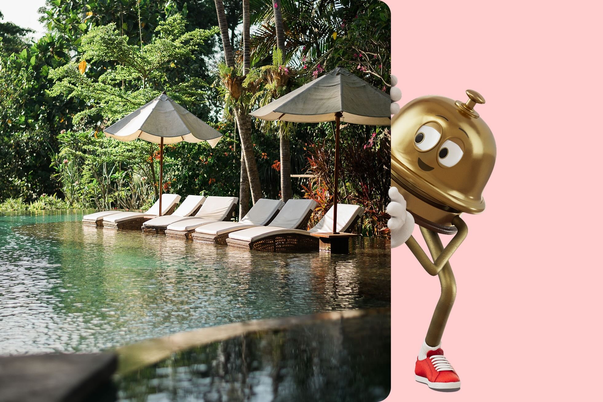 팔짱을 끼고 선글라스를 쓴 Hotels.com 마스코트 Bellboy.