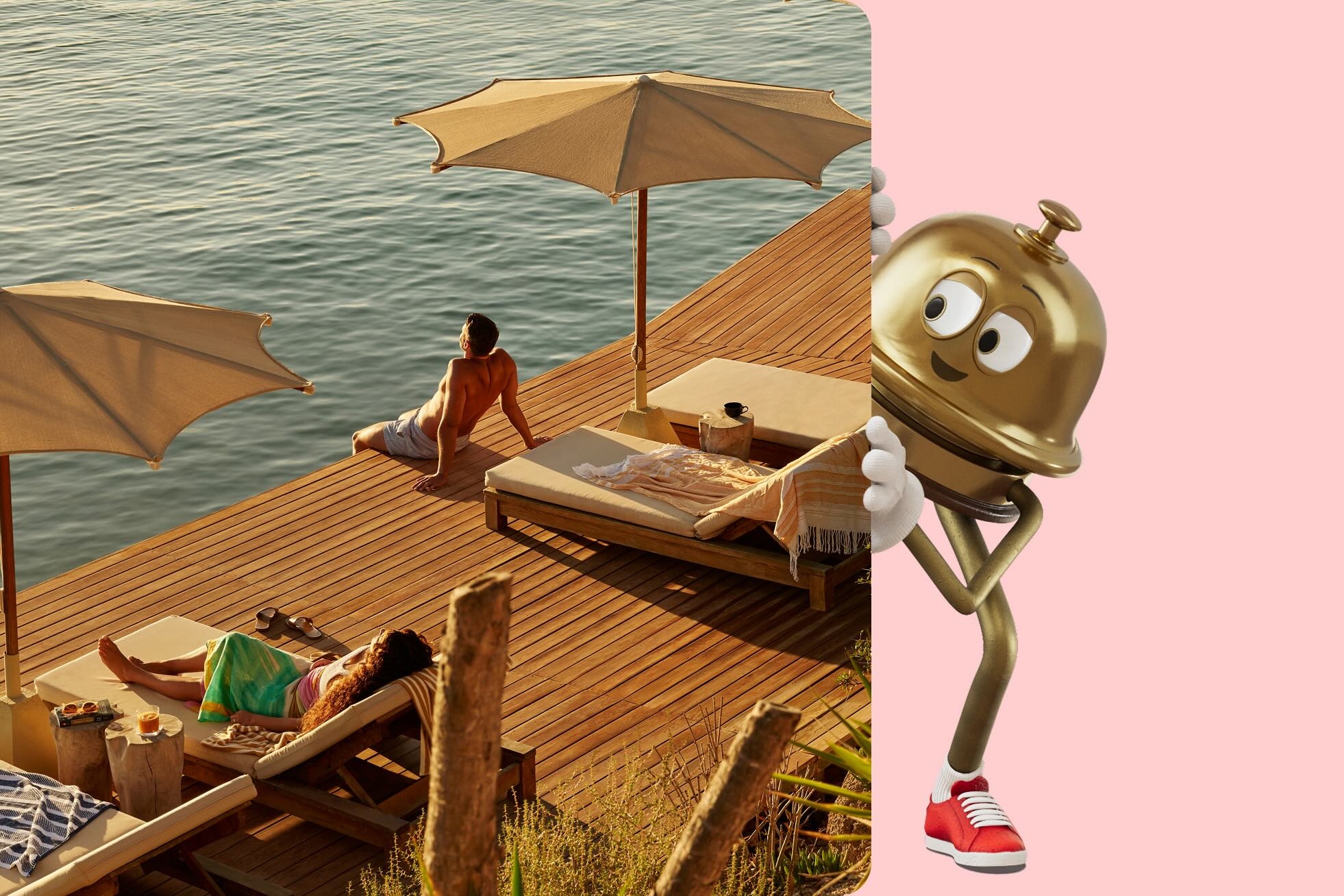 Bellboy, the Hotels.com mascot with his arms folded and sunglasses on.