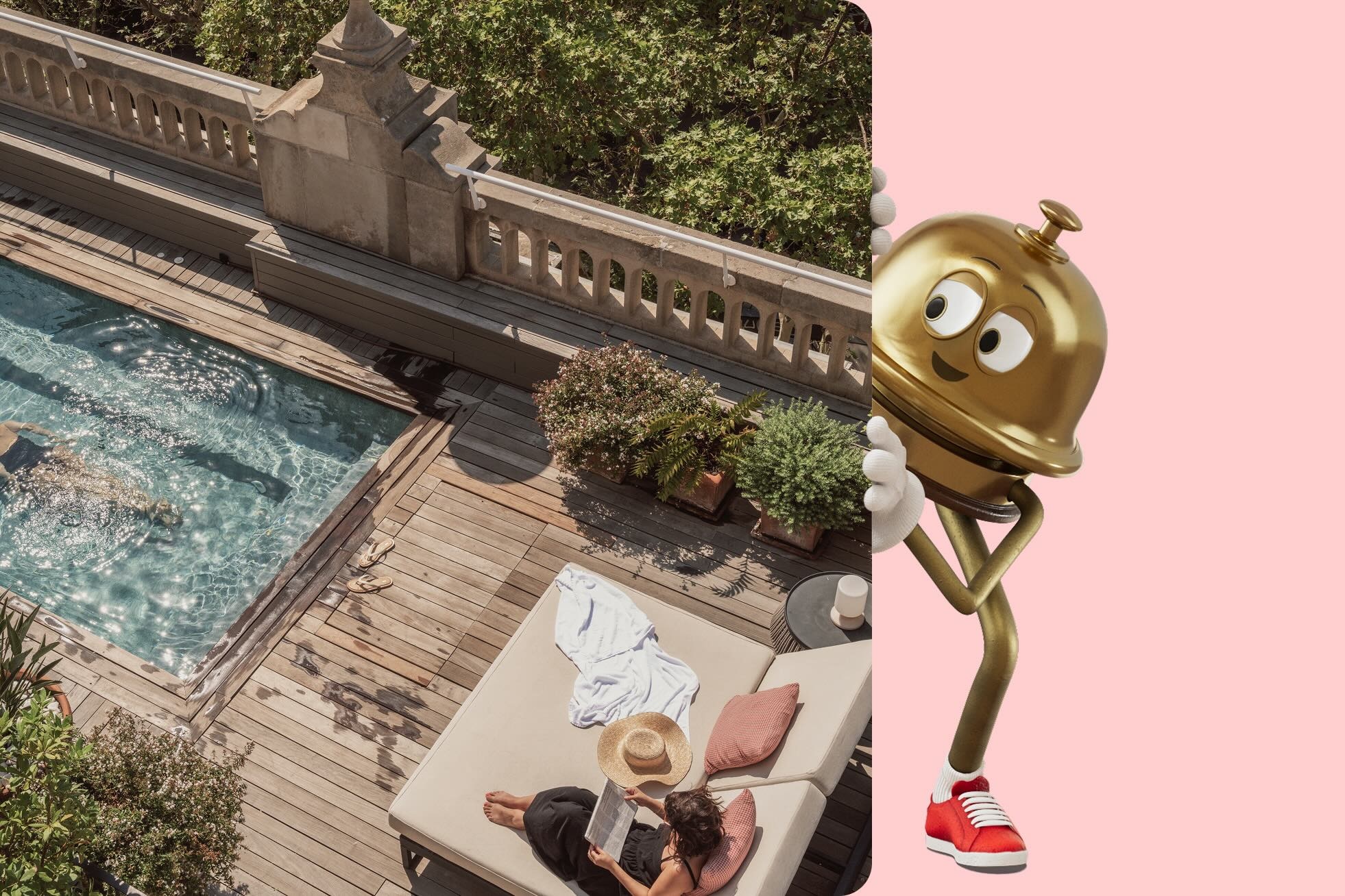 Kollarını kavuşturmuş ve güneş gözlüklerini takmış Hotels.com maskotu Bellboy.