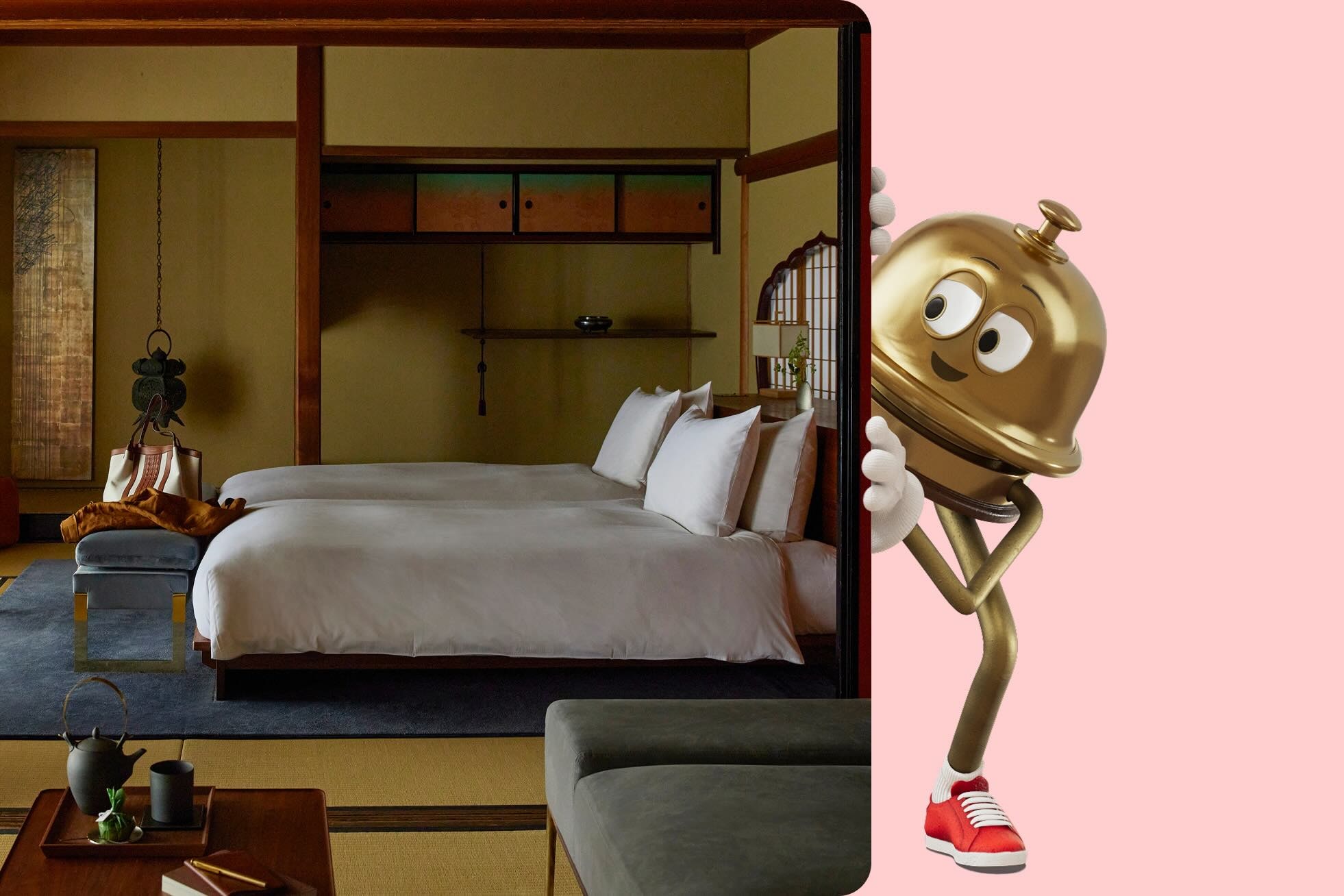 サングラスをかけて腕組みをしている Hotels.com のマスコットキャラ Bellboy。