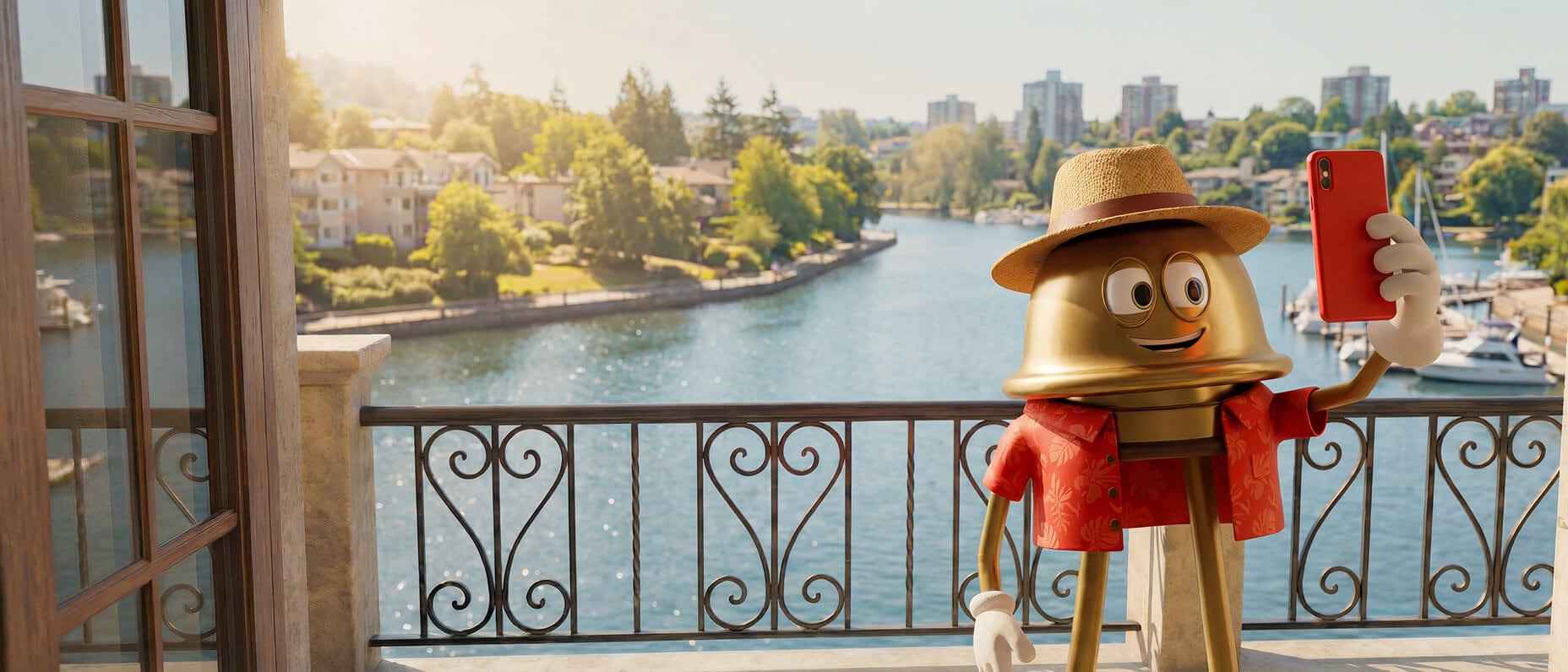 Hotels.com's mascot, Bellboy, in a straw hat and red shirt takes a selfie on a balcony overlooking a sunny river scene with houses and trees.