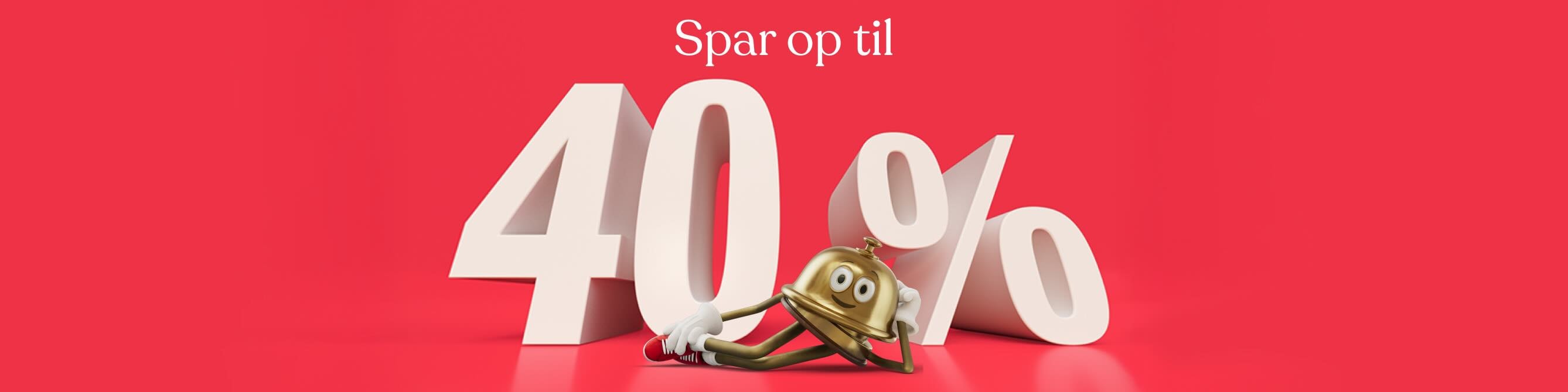 Bellboy, Hotels.coms maskot, ligger foran ordene "Spar op til 40%".