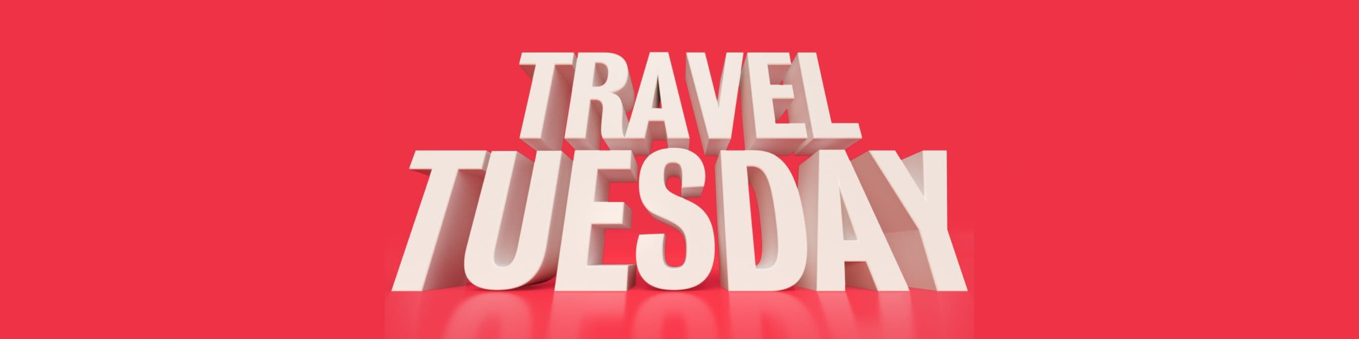 Bellboy, das Maskottchen von Hotels.com, liegt vor einem riesigen Schriftzug «Travel Tuesday».