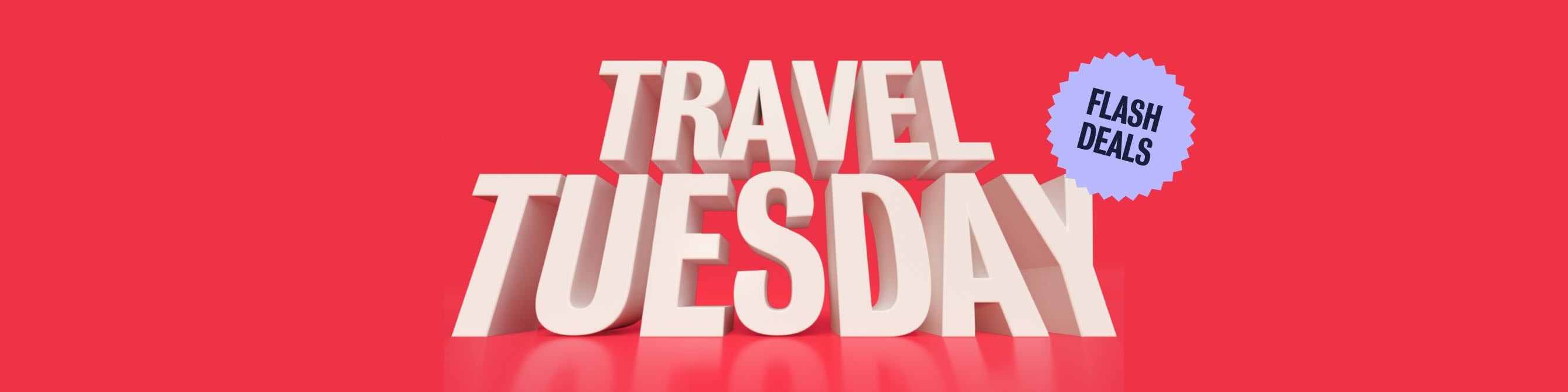 Bellboy, the Hotels.com mascot, lying in front of the giant words ‘Travel Tuesday’.