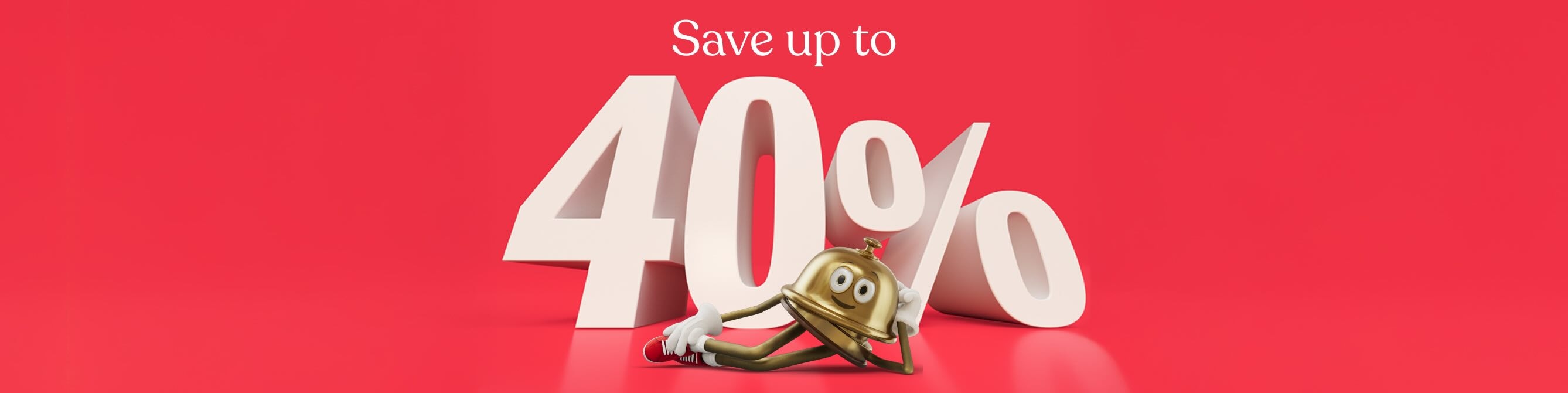 Bellboy, the Hotels.com mascot, lying in front of the words 'Save up to 40%'.