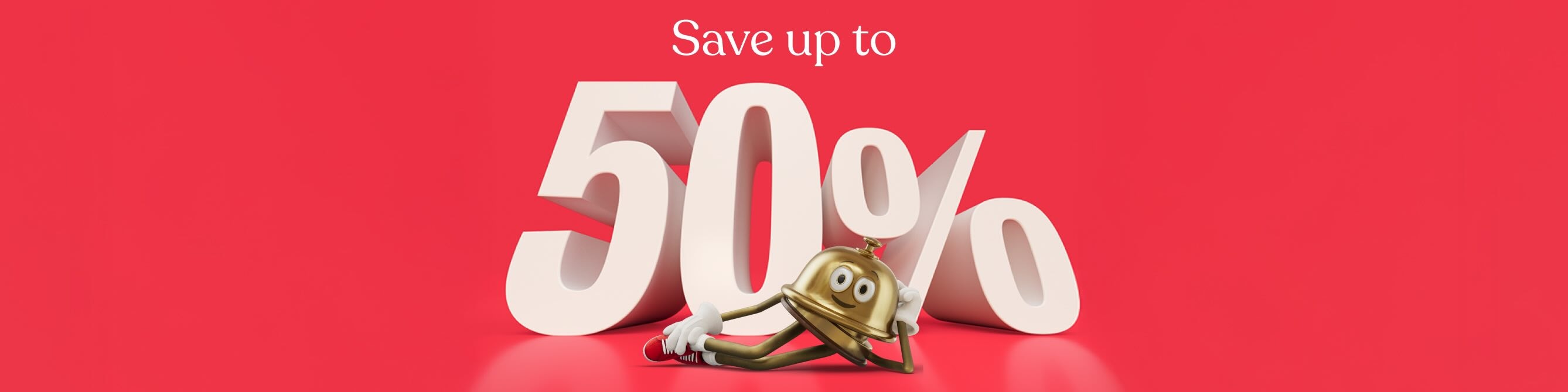 Bellboy, the Hotels.com mascot, lying in front of the words 'Save up to 50%'.