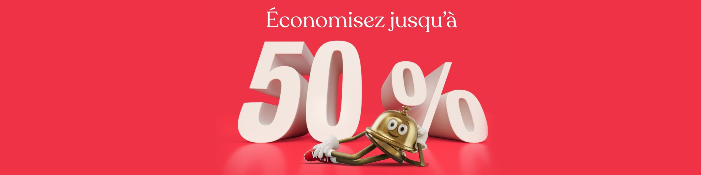 La mascotte de Hotels.com est allongée devant les mots « Économisez jusqu’à 50 % ».