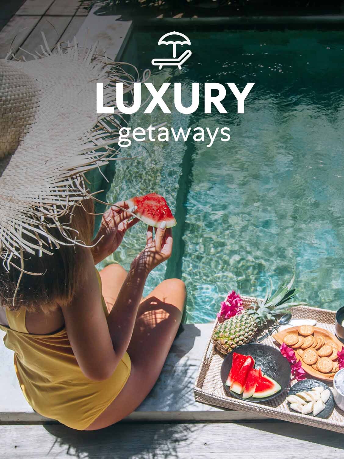 A little girl is eating fruit by the swimming pool. A superimposed title reads: Luxury getaways.