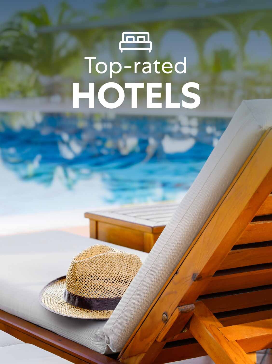 Point of view looking over the back of a poolside chair with only a fedora resting on the seat. A superimposed title reads: Top-rated hotels.