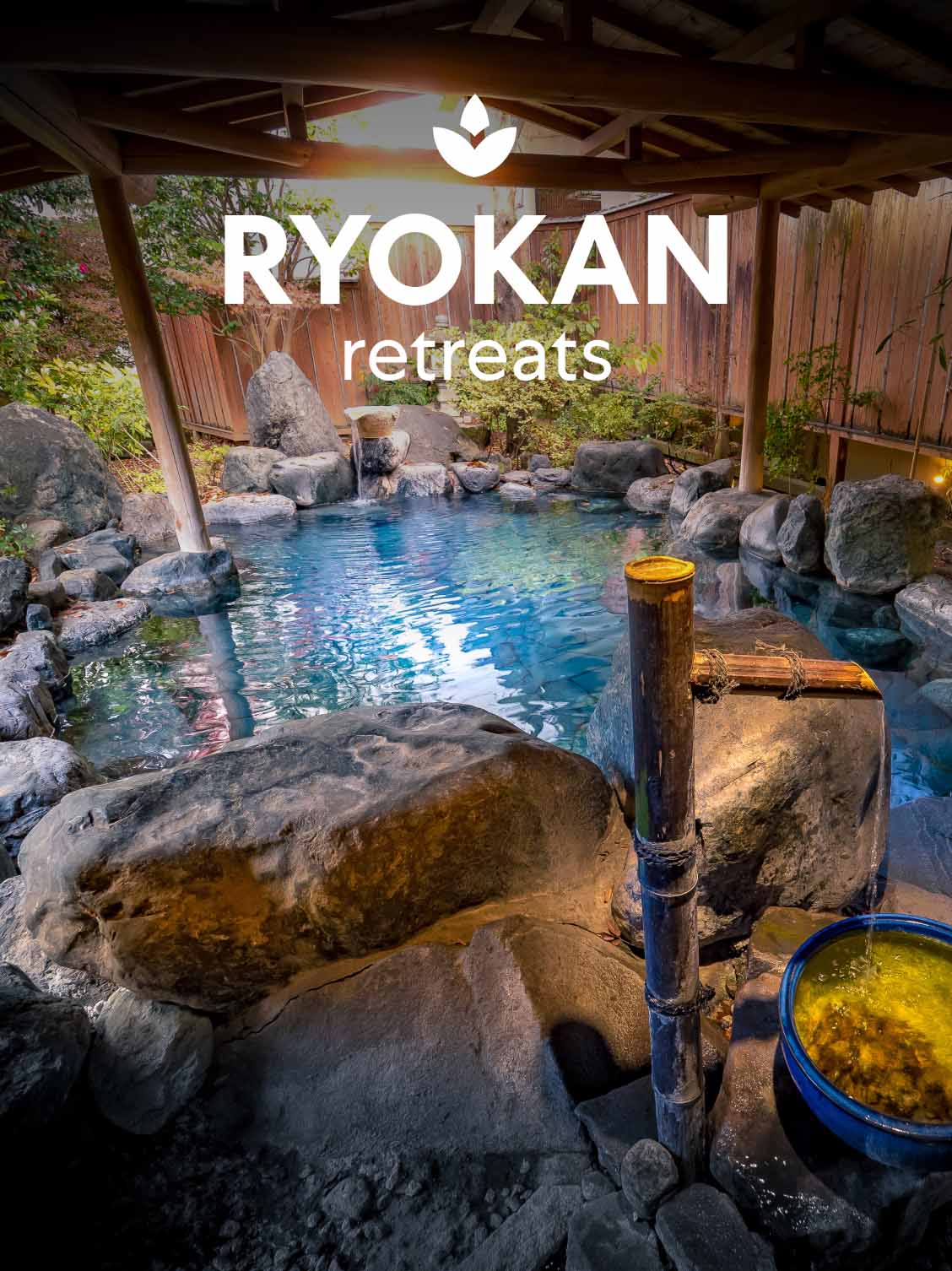 A traditonal Japanese Ryokan room with a pool with rocks. A superimposed title reads: Ryokan retreats.