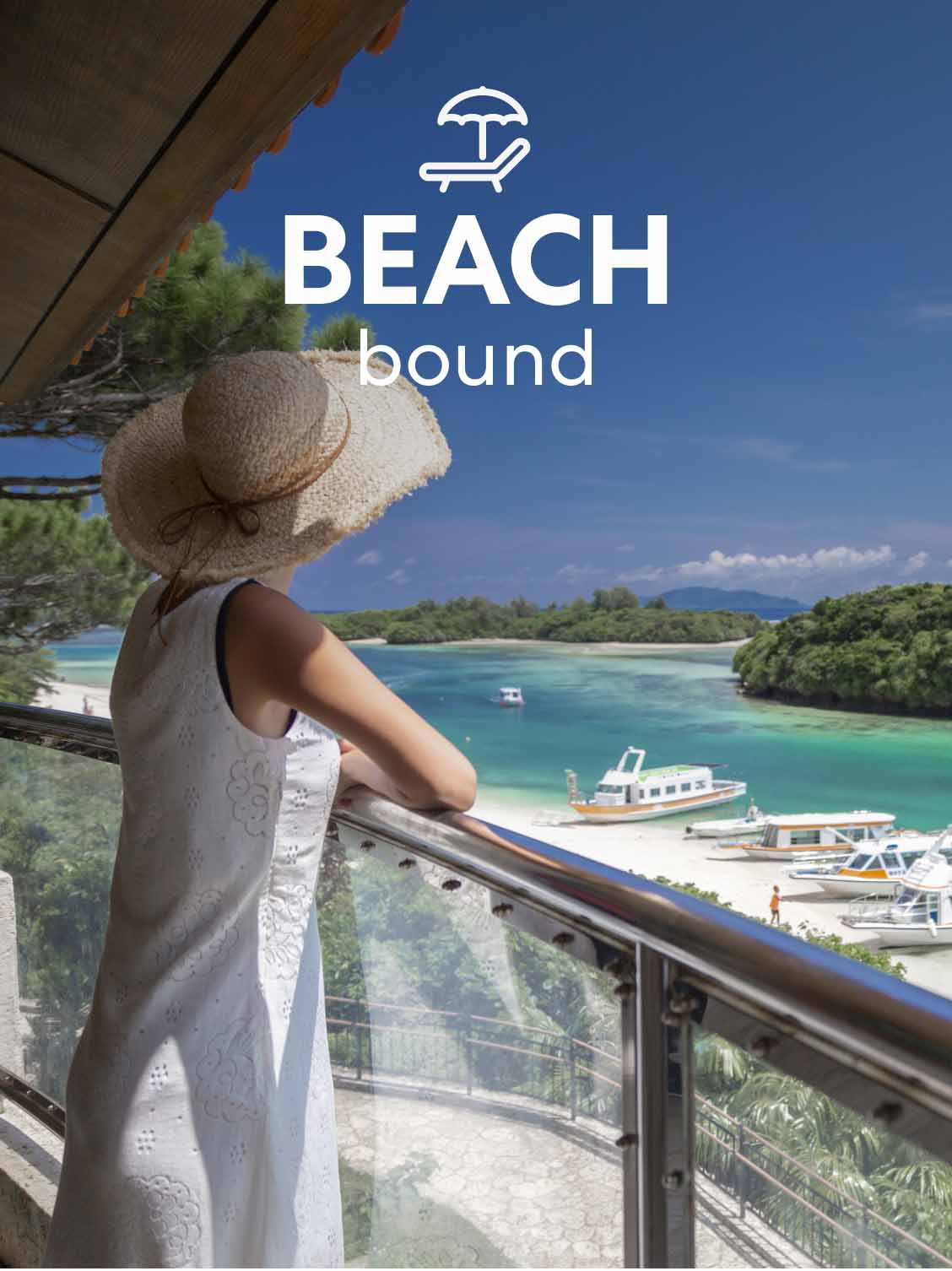 A woman leaning against her hotel patio's glass barrier. She is looking out across the water at boats and beach goers. A superimposed title reads: Beach bound.