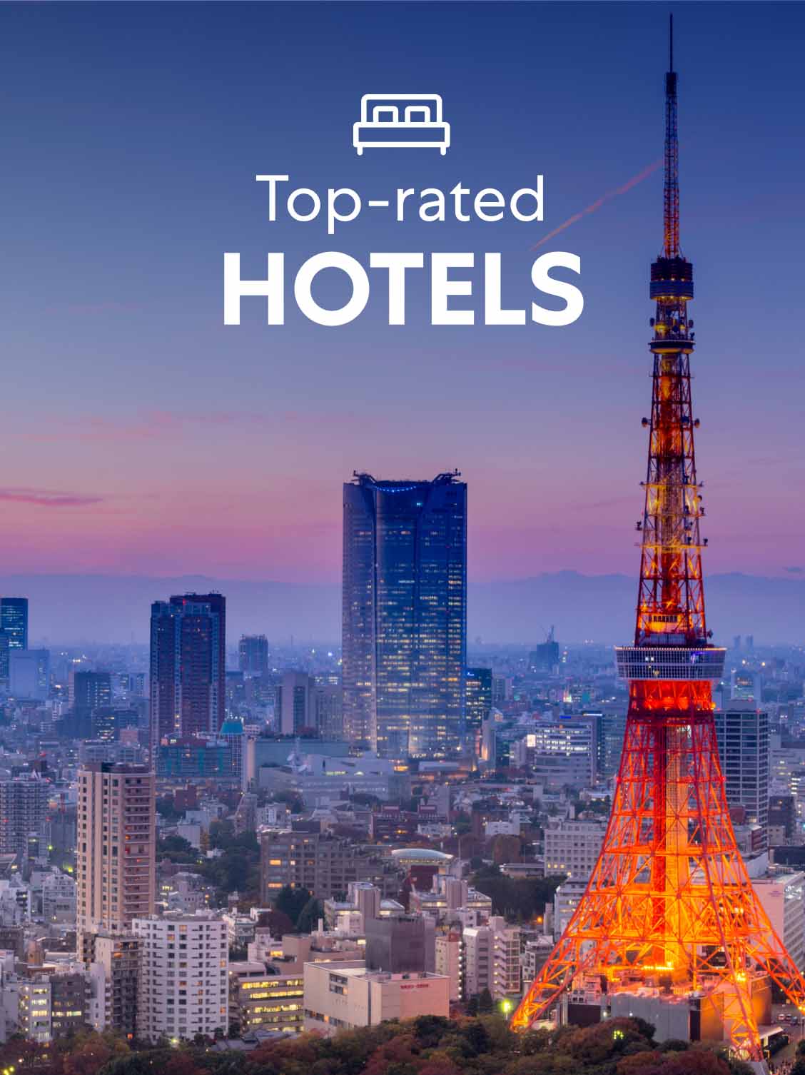 Aerial view of Tokyo - Japan at night - with the Tokyo Tower in the foreground. A superimposed title reads: Top-rated hotels.