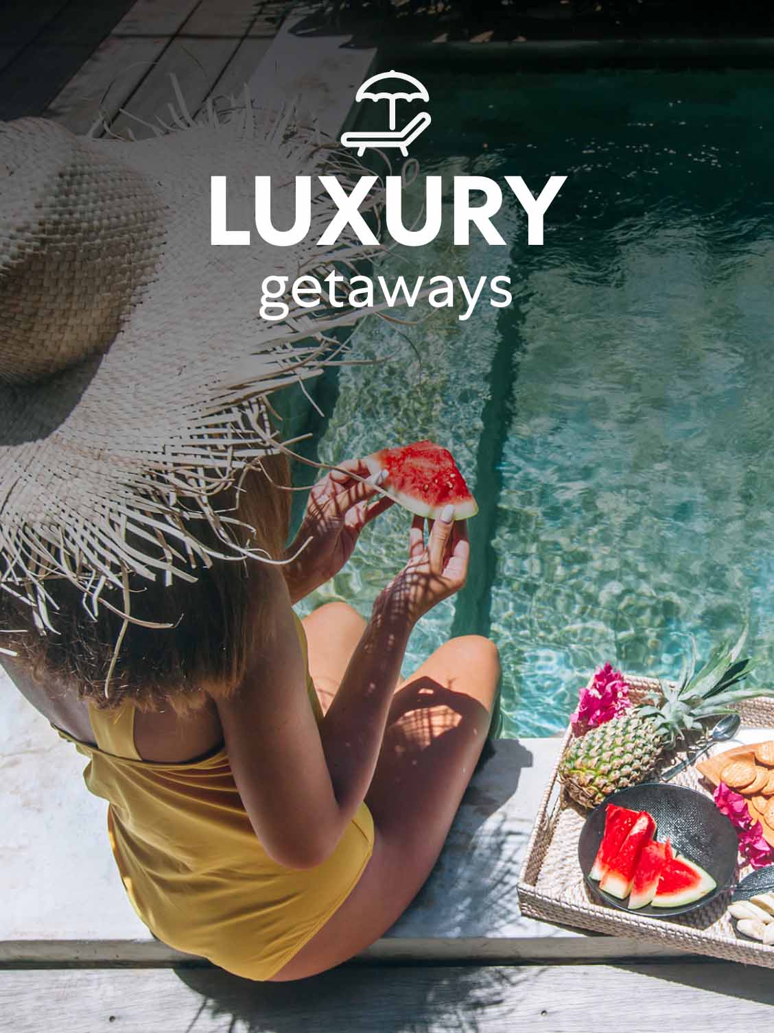 A little girl is eating fruit by the swimming pool. A superimposed title reads: Luxury getaways