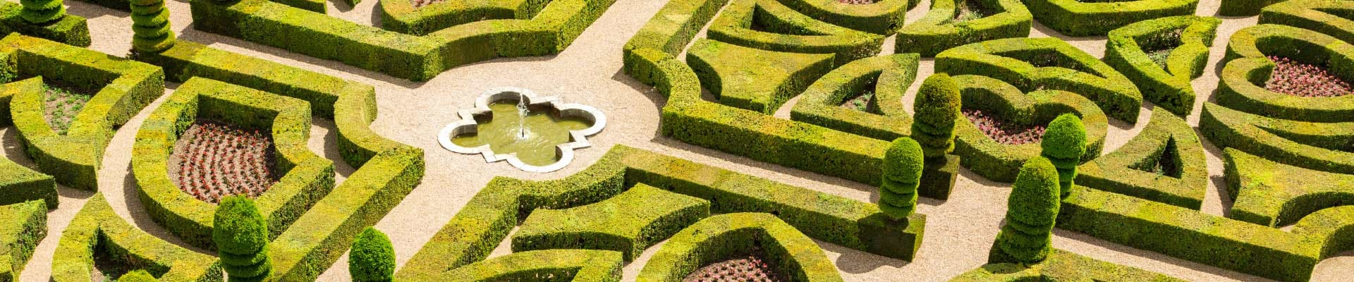 Aerial view of a French garden with bright-green decorative hedges cut in symmetrical patterns.