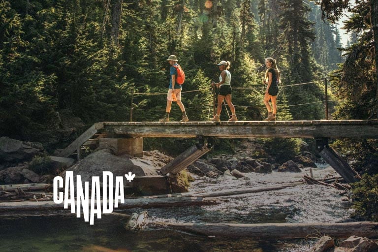 Three people wearing colorful hiking gear are walking on a timber bridge that crosses a small stream river in a forest.