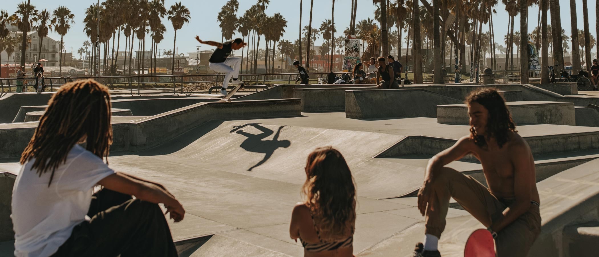 Three people watch a person skateboard in a skate park. Palm trees line the edge of the park.