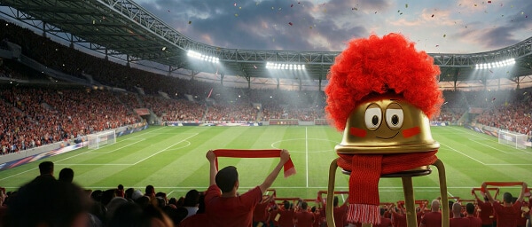 Bellboy da Hoteis.com de cachecol e peruca crespa vermelha nas arquibancadas de estádio de futebol com refletores ao entardecer.