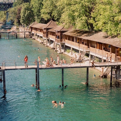 Swimmers enjoy the Unterer Letten swimming pool in Zurich, Switzerland.